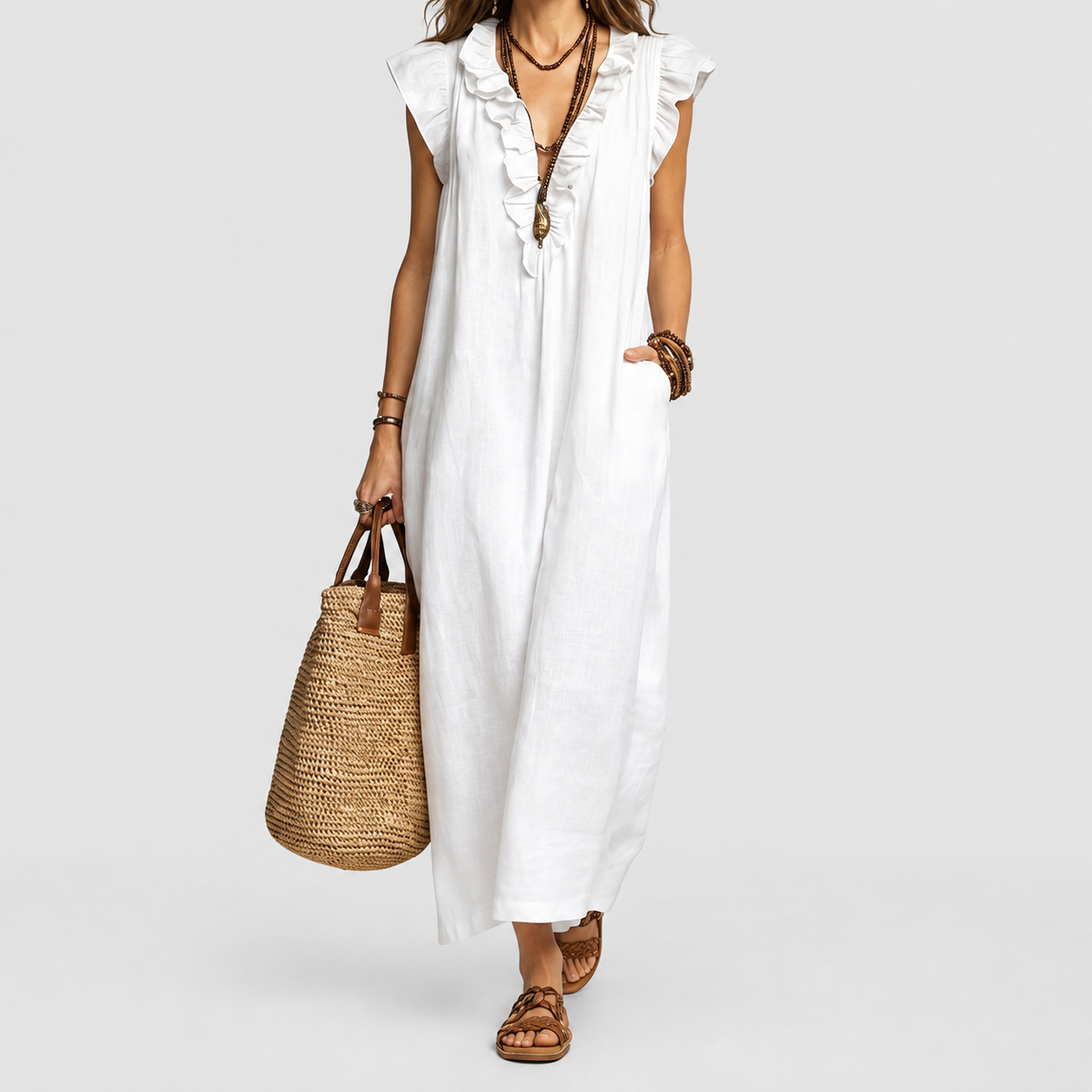 Women's Long V-Neck Dress with Frills in White — view 2