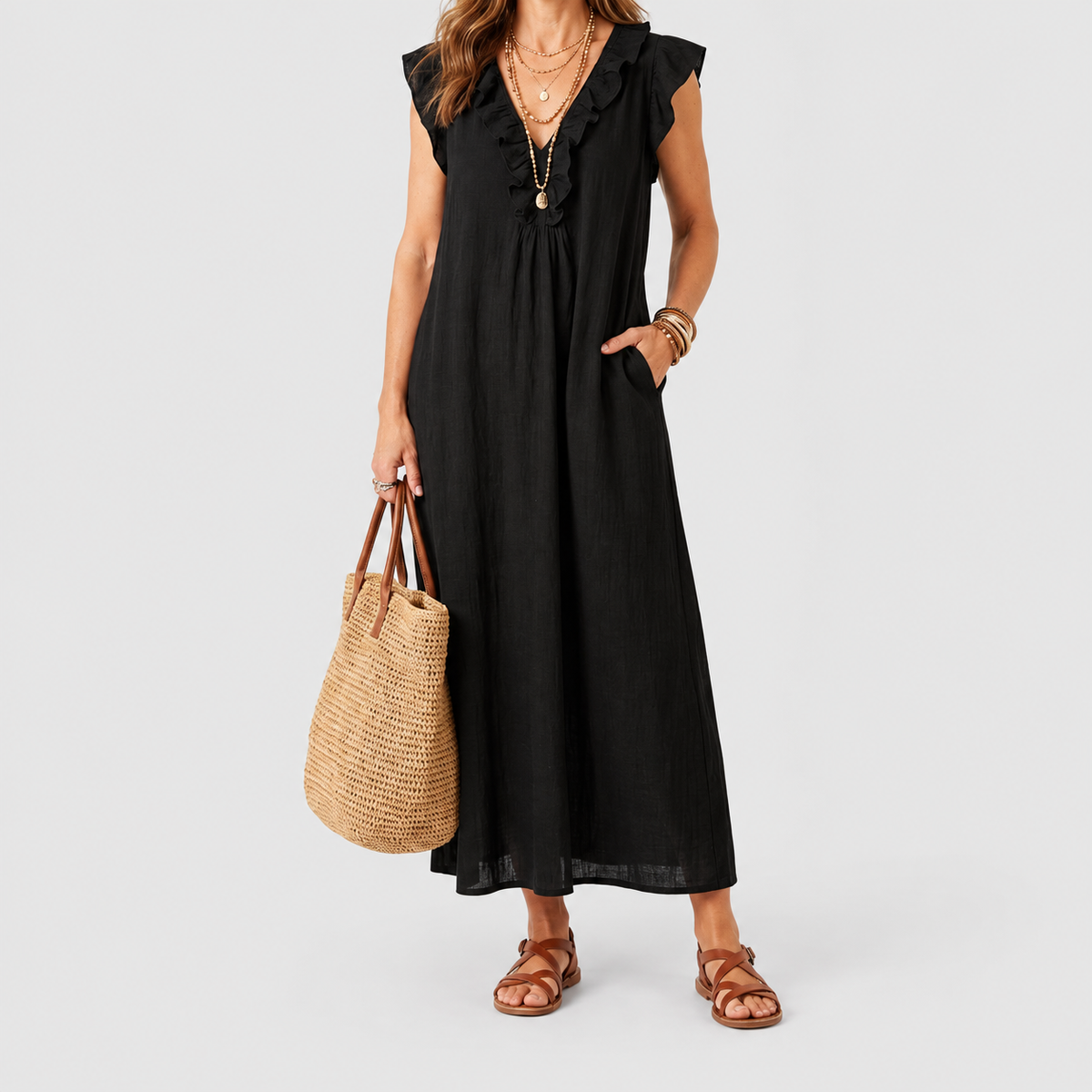 Women's Long V-Neck Dress with Frills in Black — view 3
