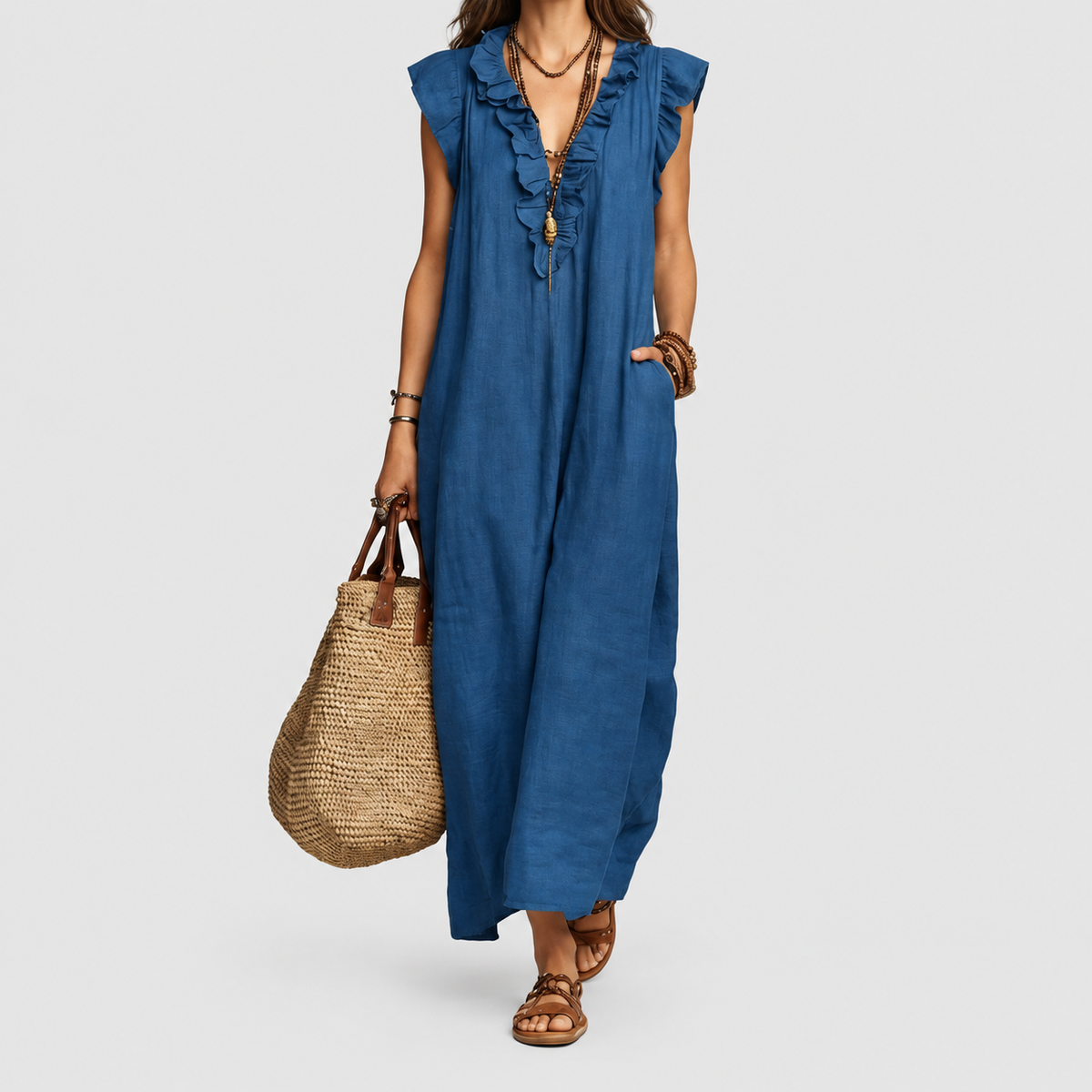 Women's Long V-Neck Dress with Frills in Blue — view 4