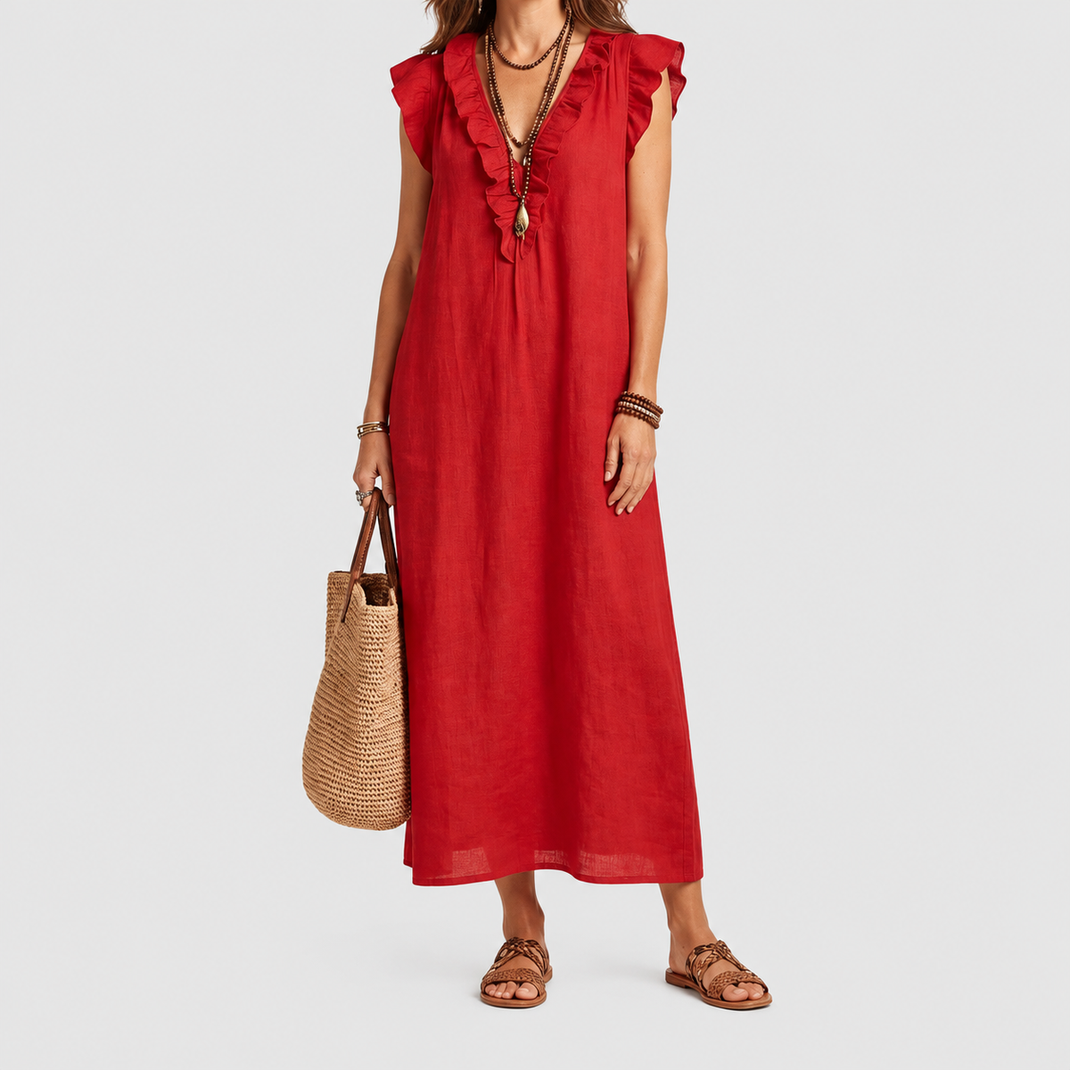 Women's Long V-Neck Dress with Frills in Red — view 5