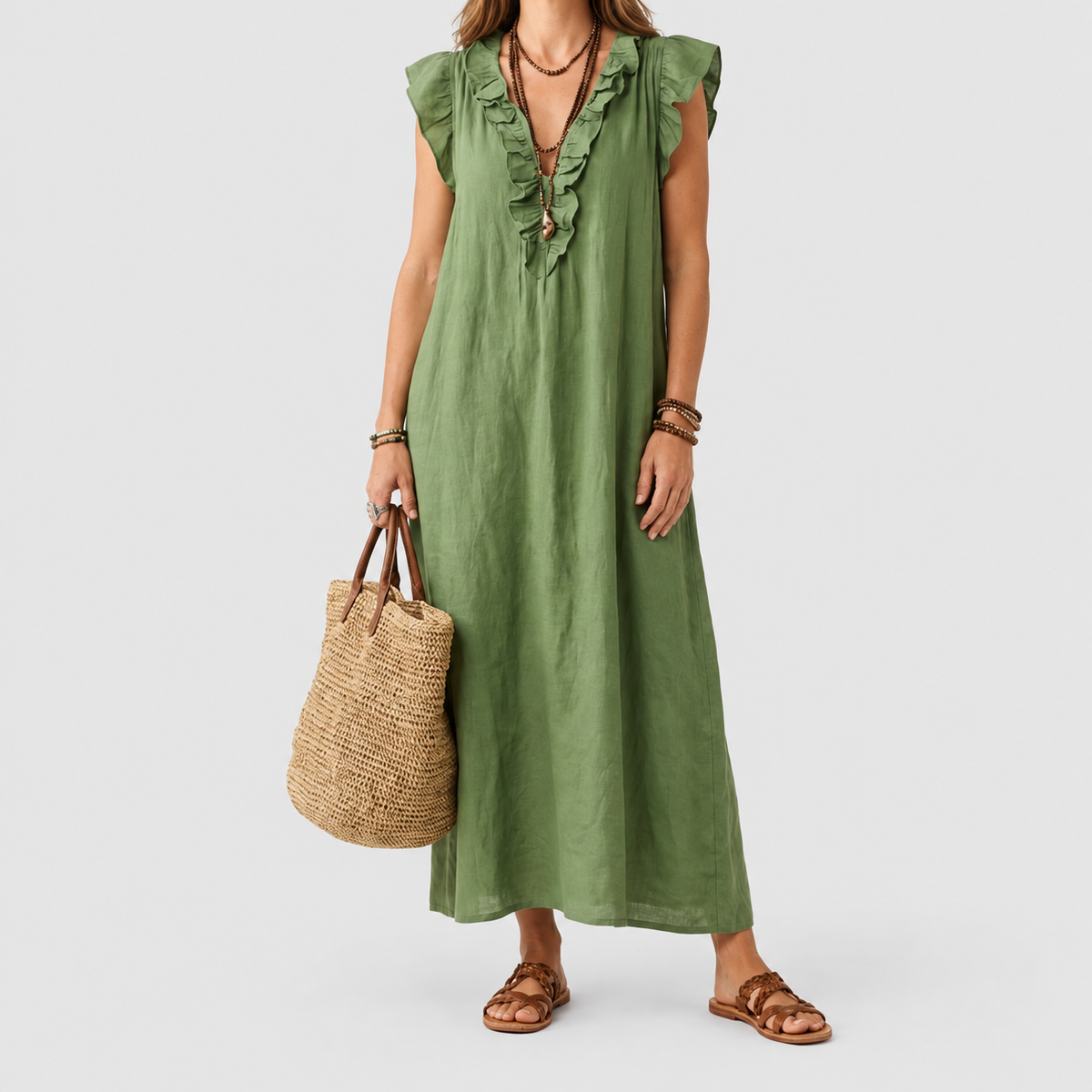 Women's Long V-Neck Dress with Frills in Green — view 6