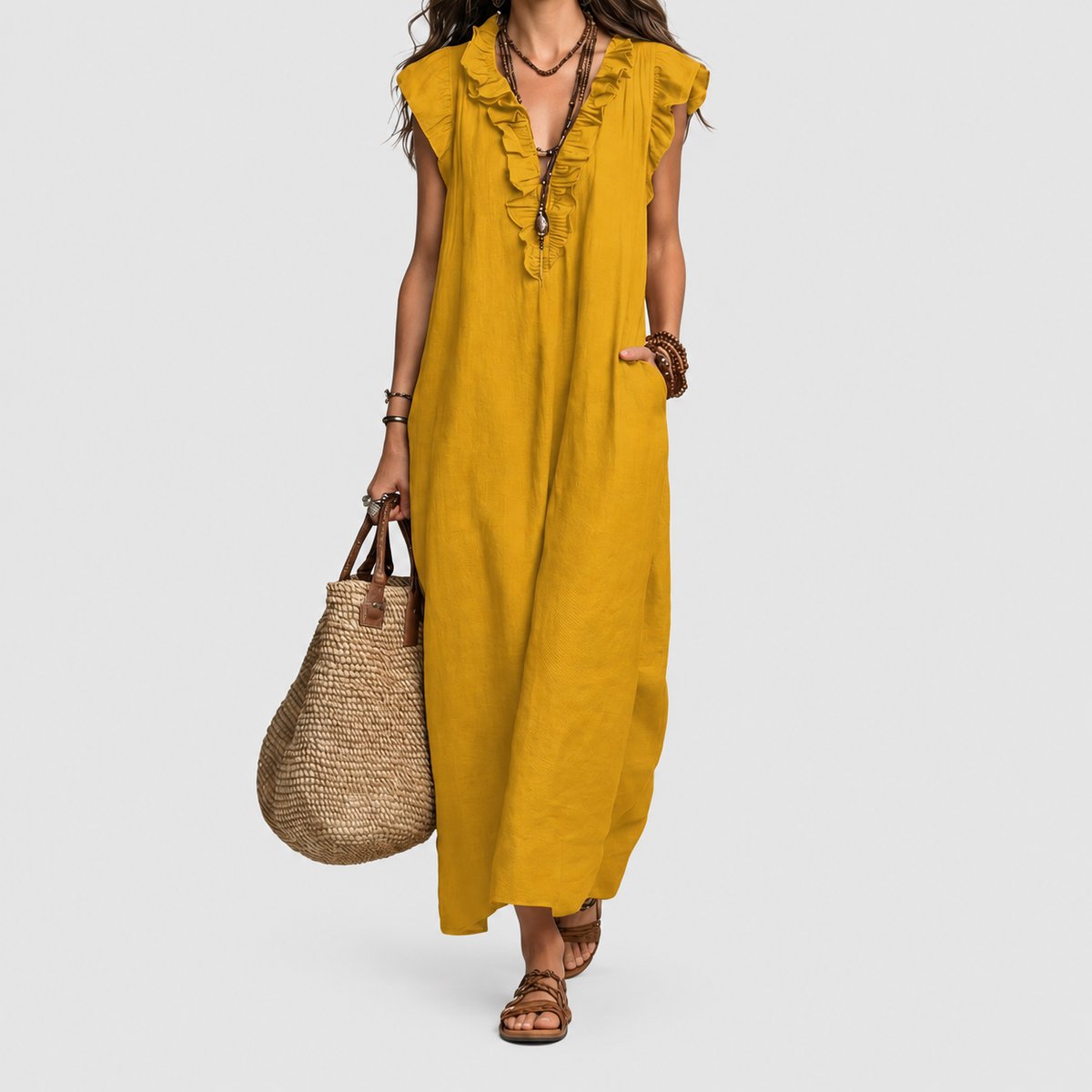 Women's Long V-Neck Dress with Frills in Yellow — view 7