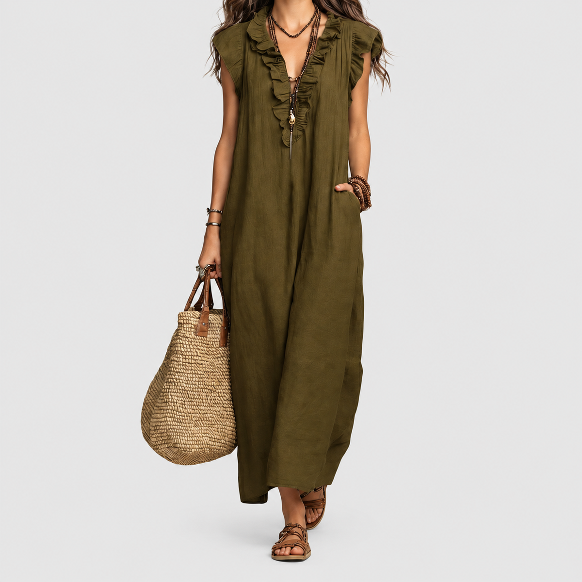 Women's Long V-Neck Dress with Frills in Brown — view 8