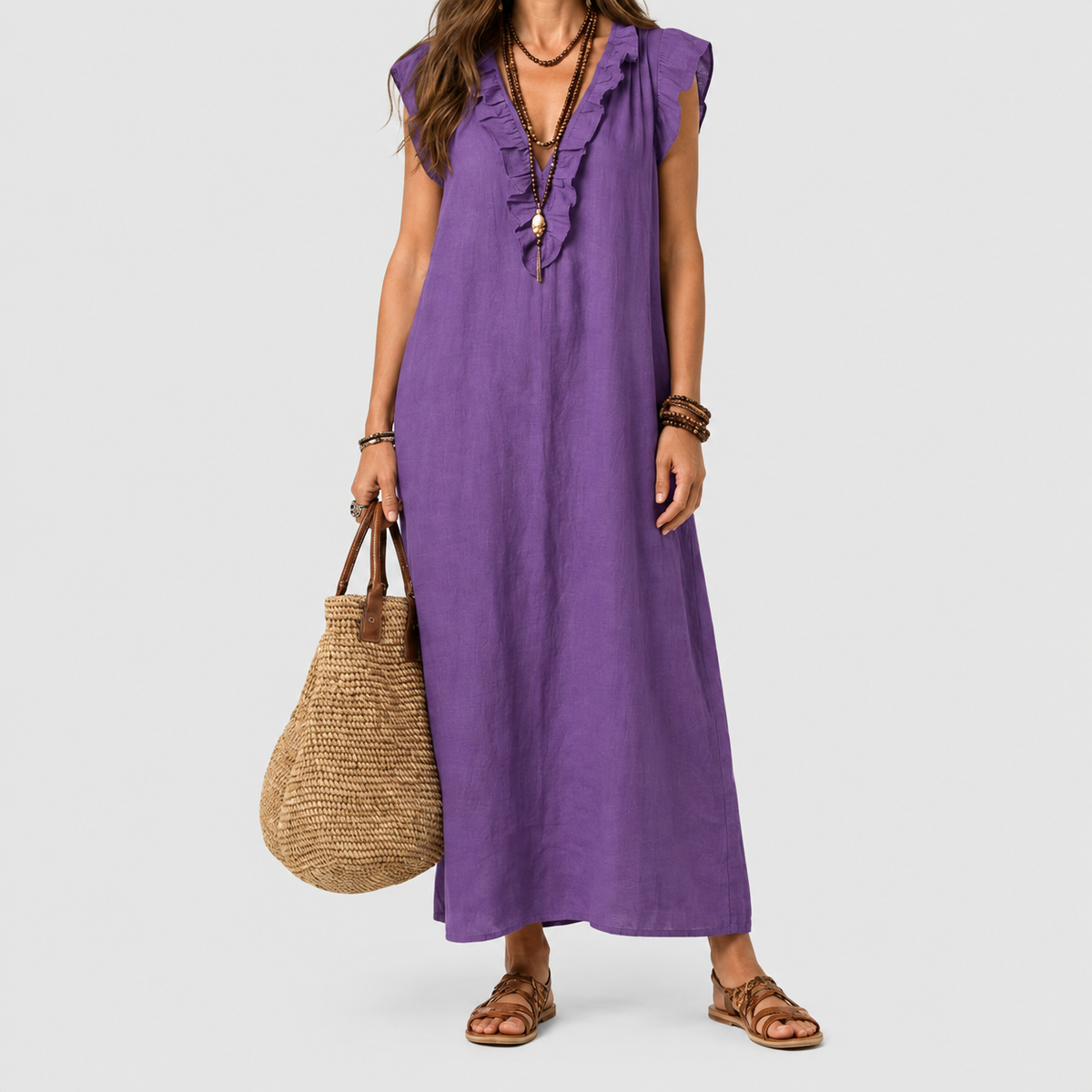 Women's Long V-Neck Dress with Frills in Purple — view 9