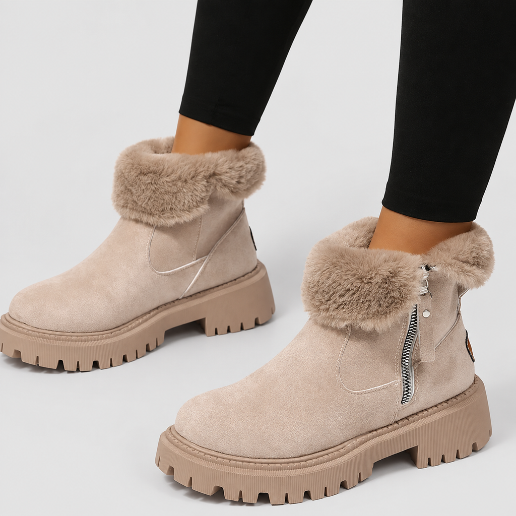 Women's Plush-Collar Faux Suede Platform Ankle Boots in Khaki — view 1