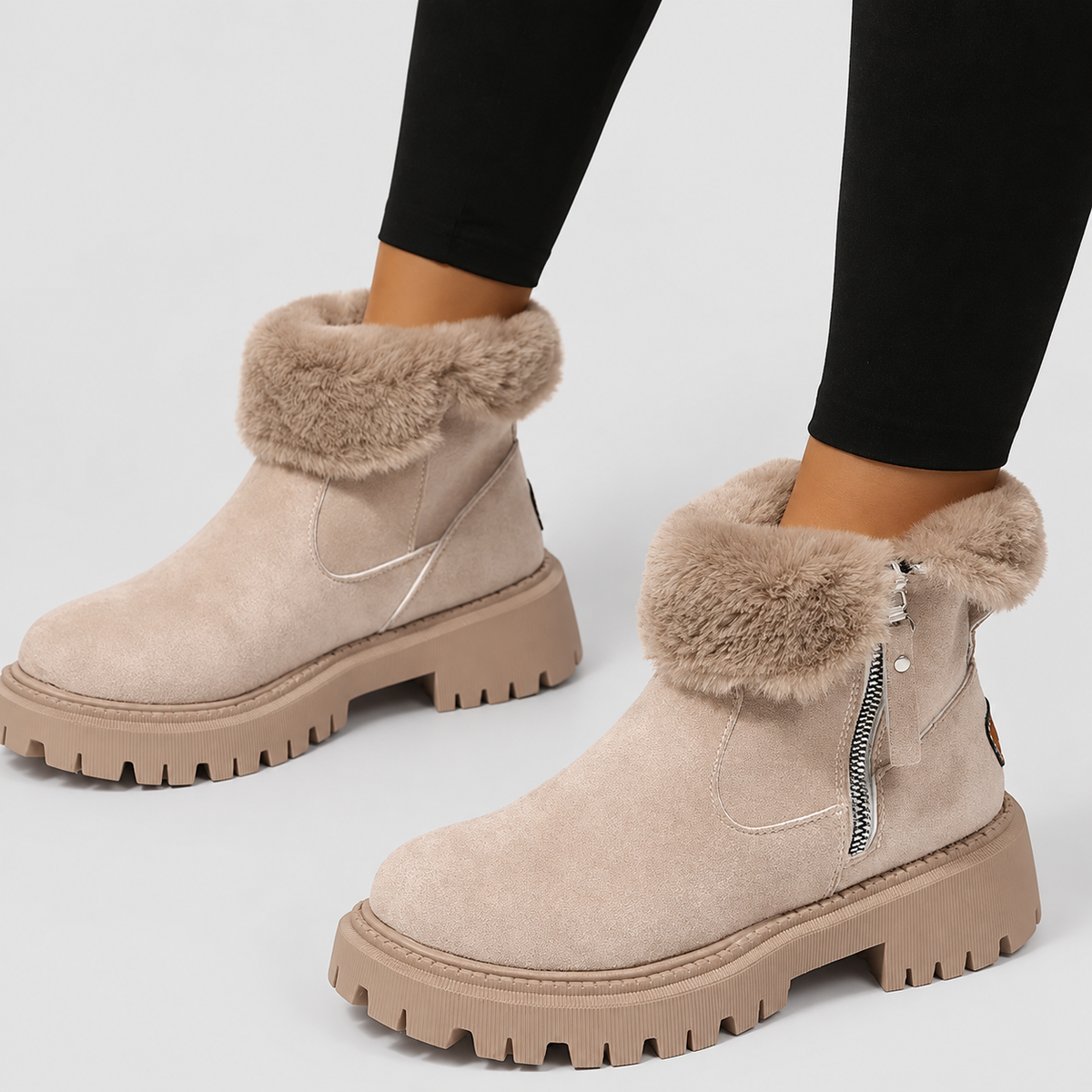 Women's Plush-Collar Faux Suede Platform Ankle Boots in Khaki — view 1