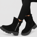 Women's Plush-Collar Faux Suede Platform Ankle Boots in Black — view 4