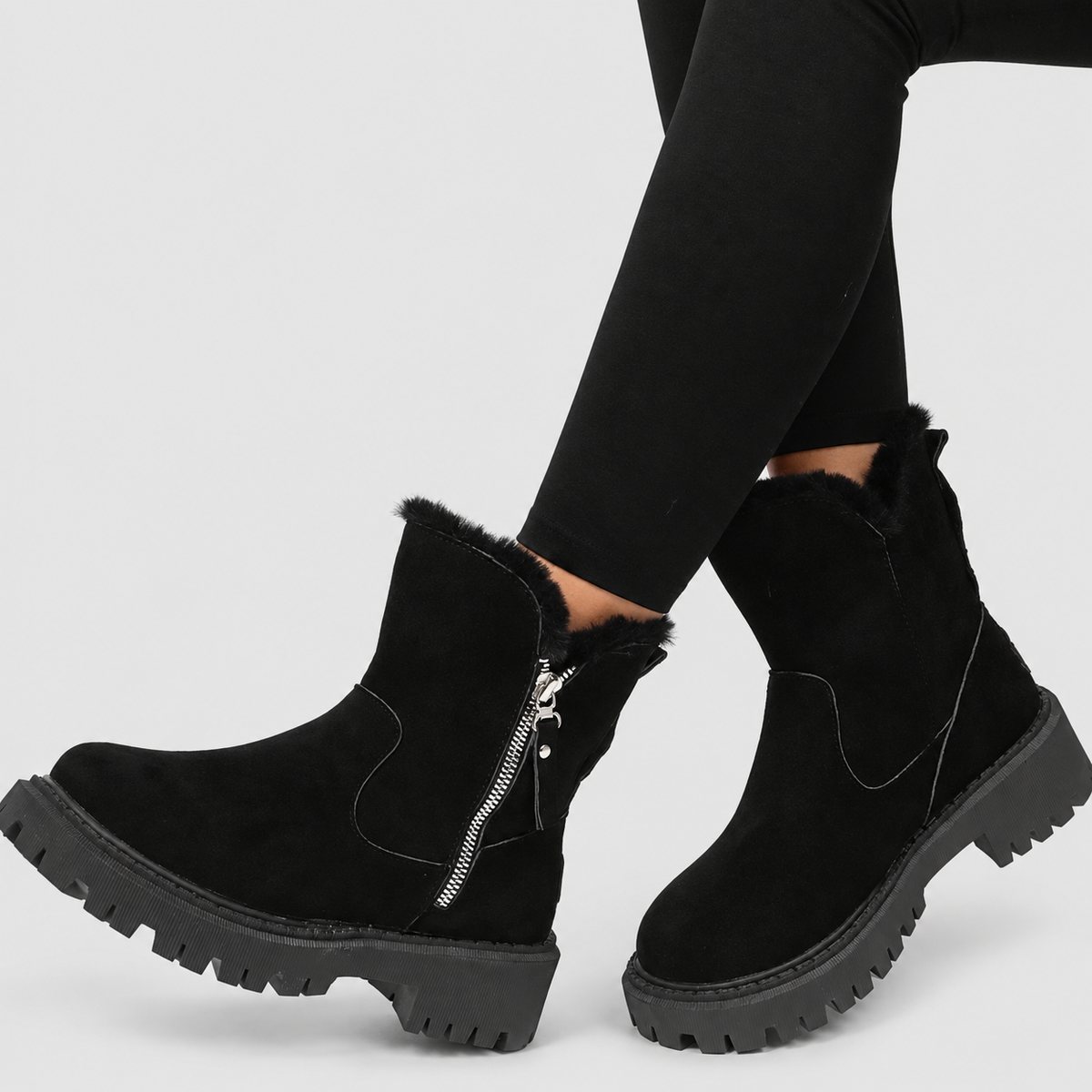 Women's Plush-Collar Faux Suede Platform Ankle Boots in Black — view 4