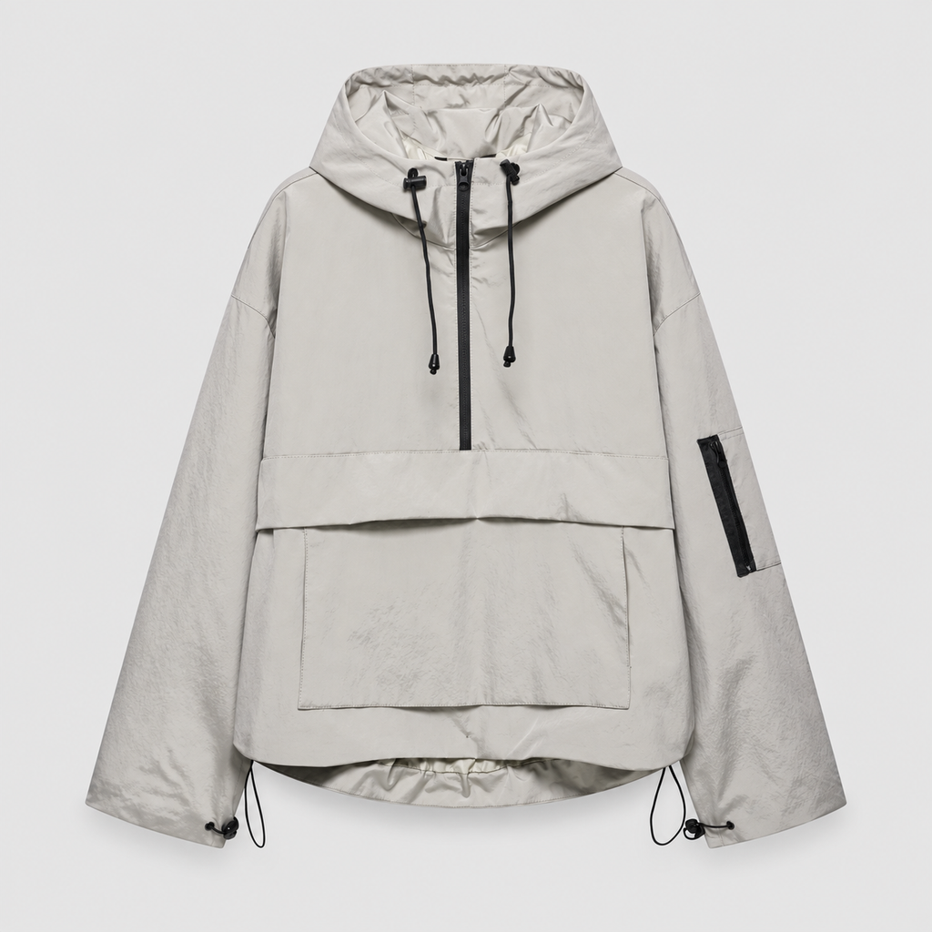 Women's Hooded Pullover Anorak Jacket with Half Zip in Grey — view 3