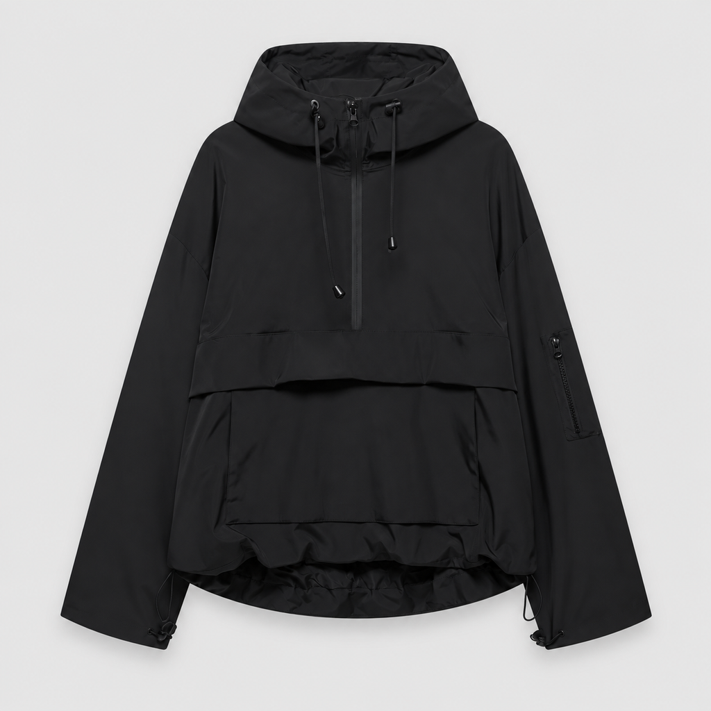 Women's Hooded Pullover Anorak Jacket with Half Zip in Black — view 4