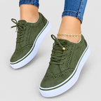 Women's Lace-Up Platform Trainers with Wingtip Detail in Green — view 2
