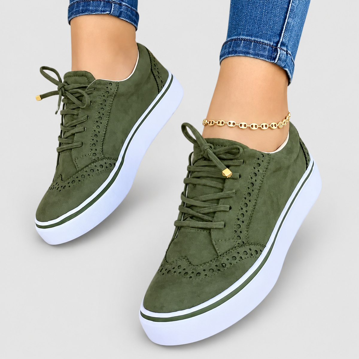 Women's Lace-Up Platform Trainers with Wingtip Detail in Green — view 2