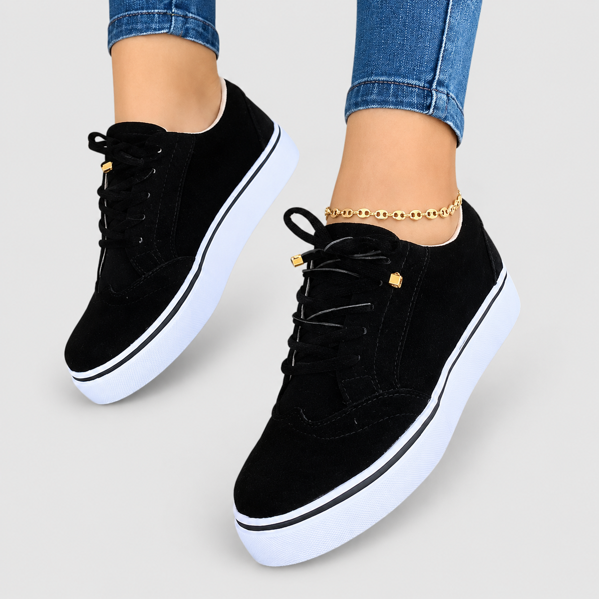 Women's Lace-Up Platform Trainers with Wingtip Detail in Black — view 3