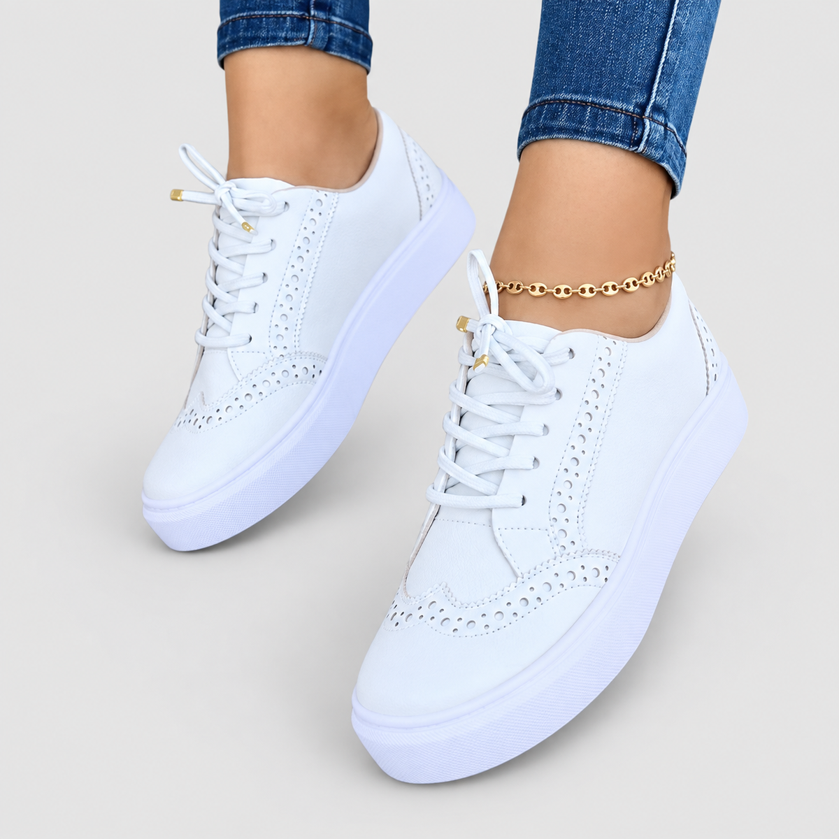 Women's Lace-Up Platform Trainers with Wingtip Detail in White — view 4