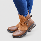 Women's Fleece-Lined Brown Ankle Boots with Buckle Strap in Brown — view 1