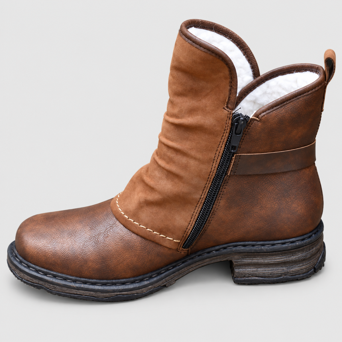 Women's Fleece-Lined Brown Ankle Boots with Buckle Strap — view 2
