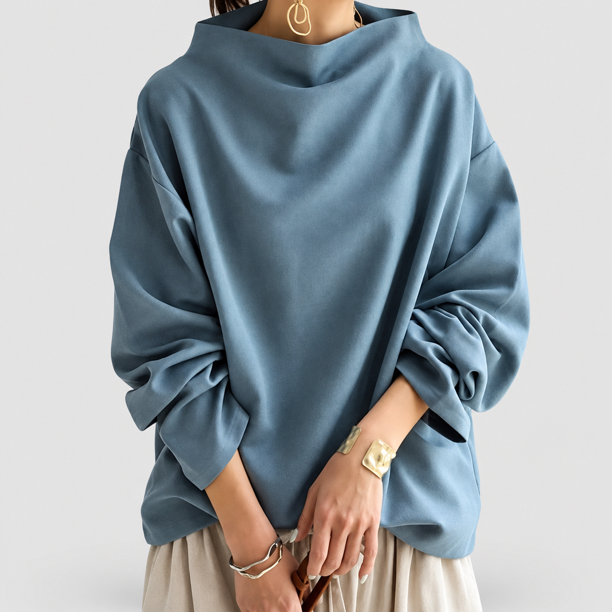 Women's Oversized High-Neck Jumper with Wide Loose Cut in Blue — view 3