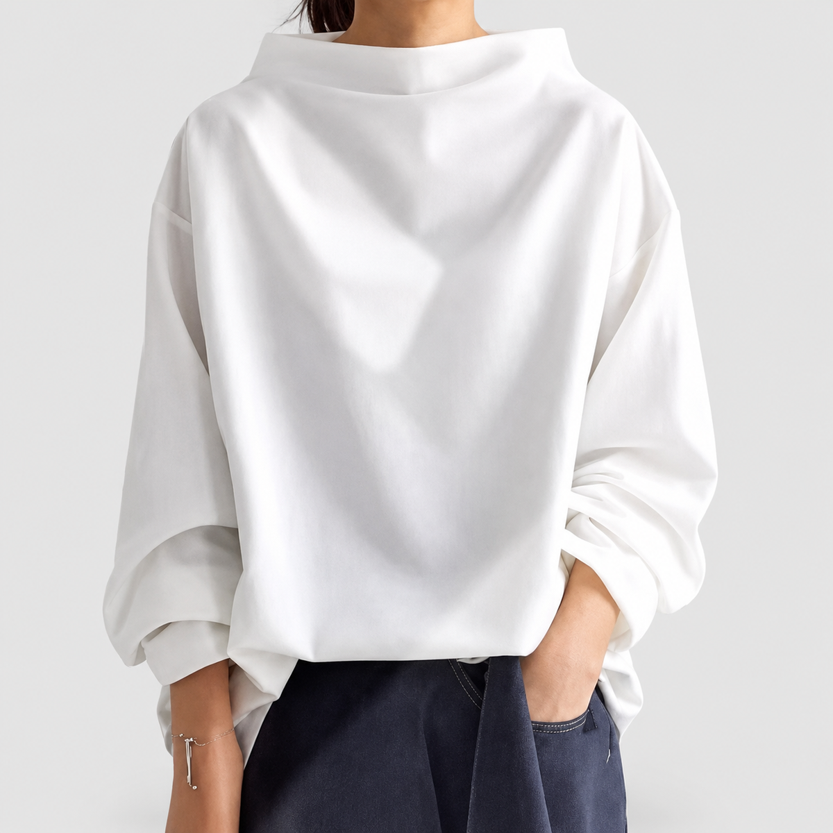 Women's Oversized High-Neck Jumper with Wide Loose Cut in White — view 4
