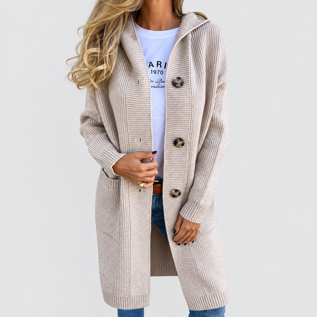 Women's Long Knit Cardigan with Buttons and Pockets in Beige — view 1