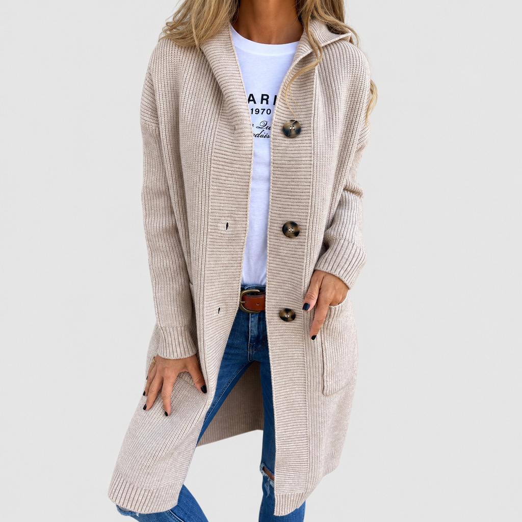 Women's Long Knit Cardigan with Buttons and Pockets — view 2