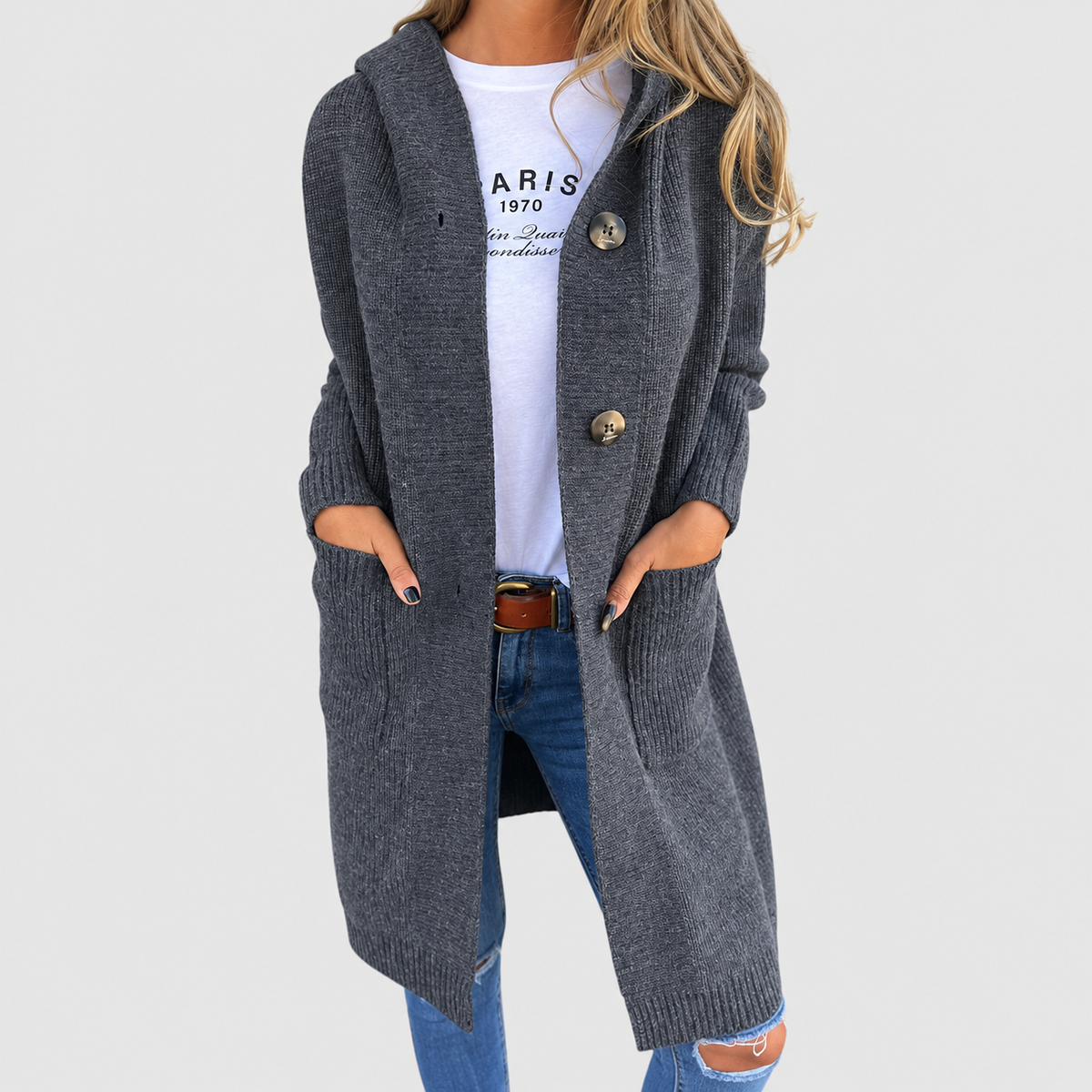 Women's Long Knit Cardigan with Buttons and Pockets in Grey — view 3