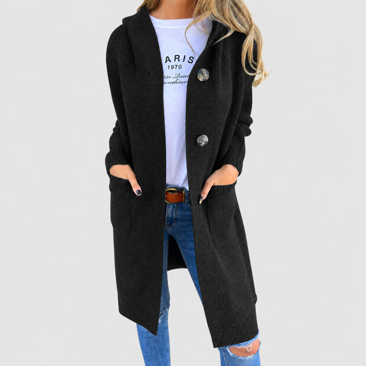 Women's Long Knit Cardigan with Buttons and Pockets in Black — view 4