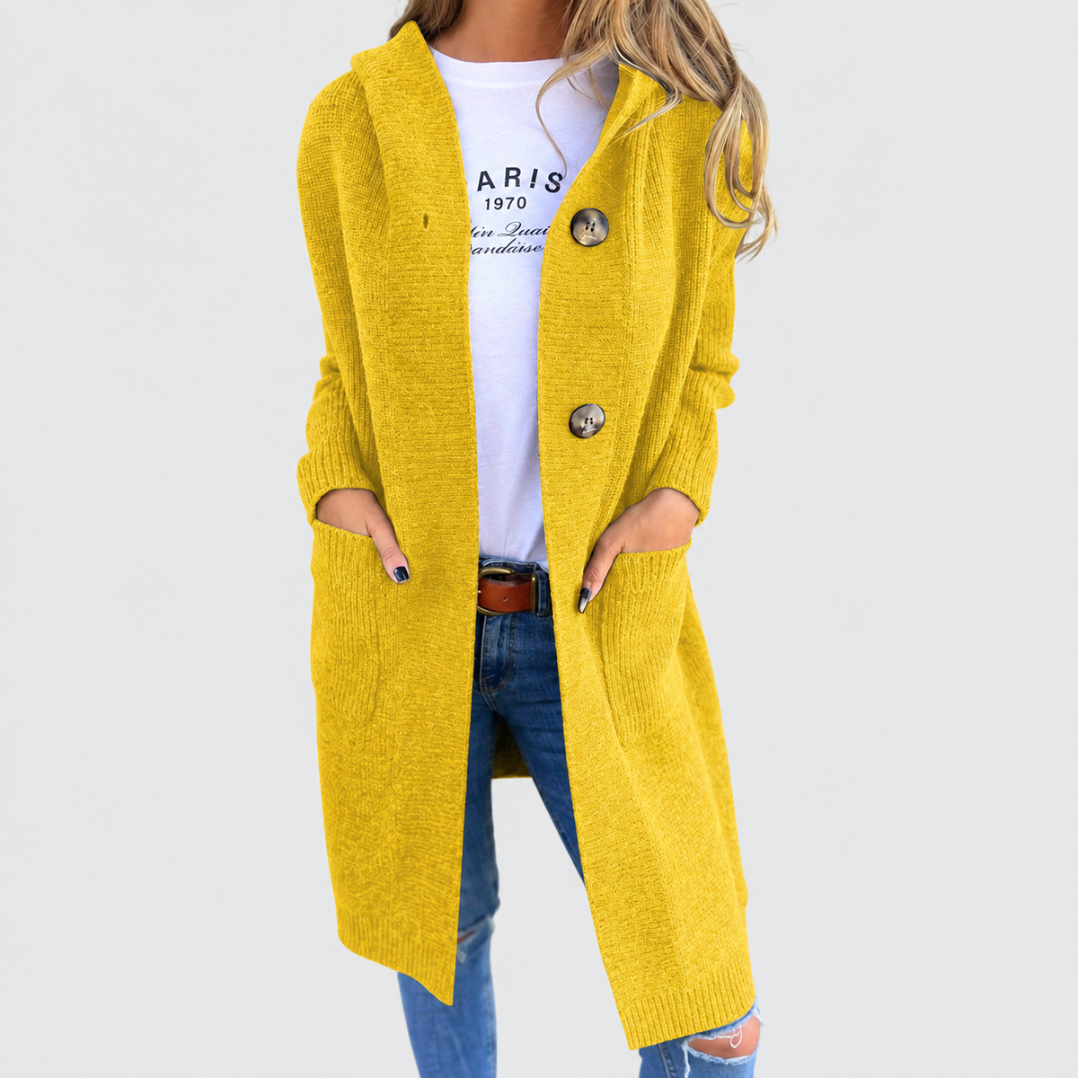 Women's Long Knit Cardigan with Buttons and Pockets in Yellow — view 5