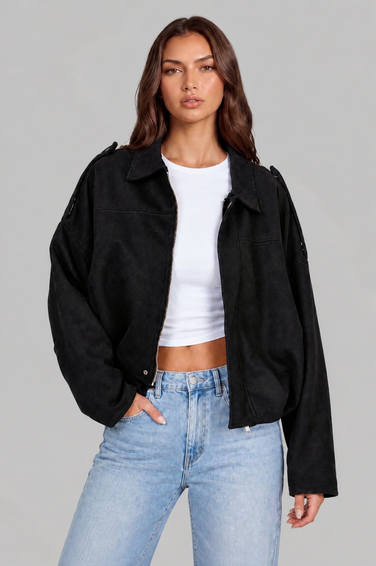 Nerys | Women's Suede-Look Jacket with Zip and Point Collar