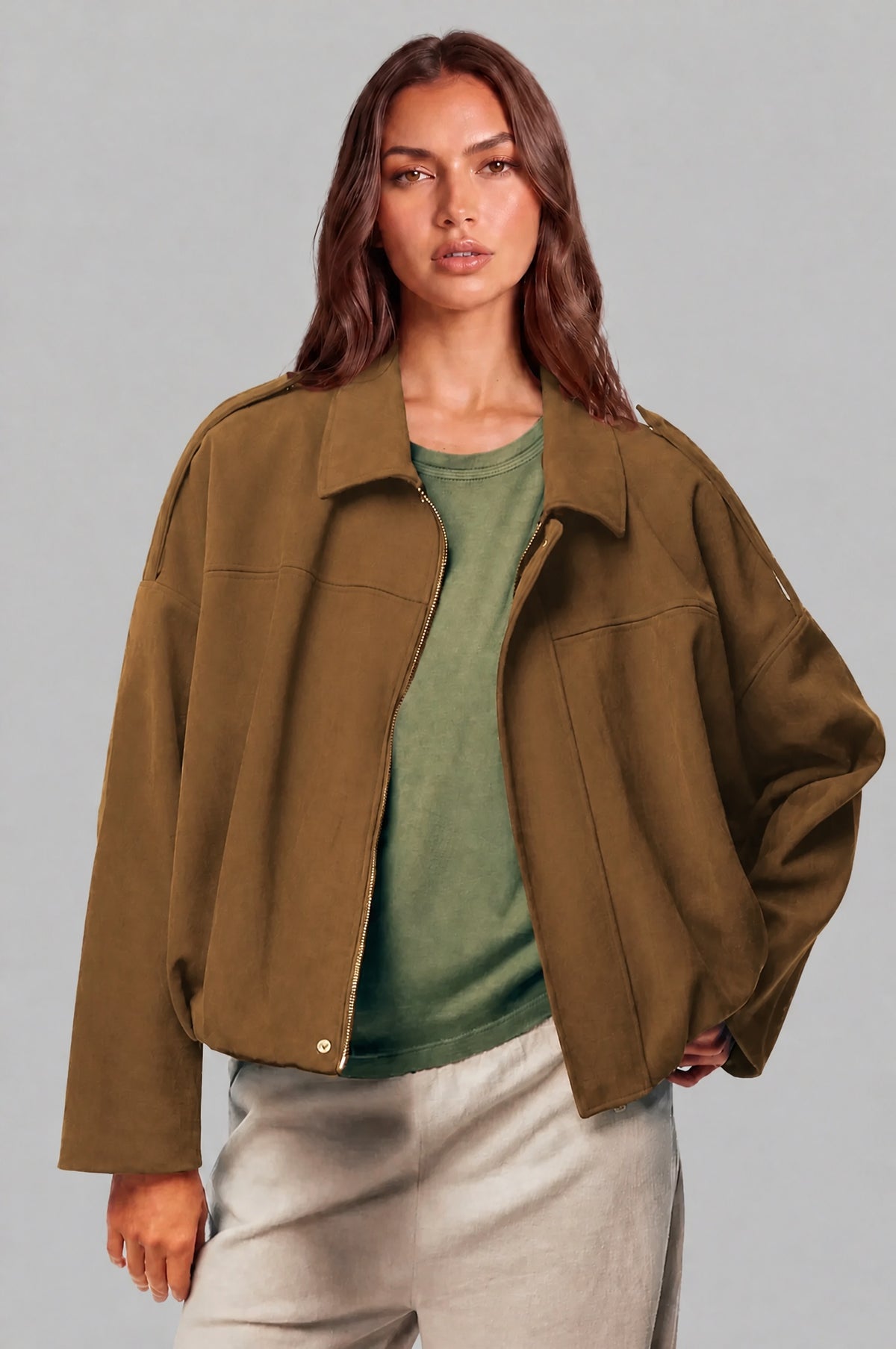 Nerys | Women's Suede-Look Jacket with Zip and Point Collar