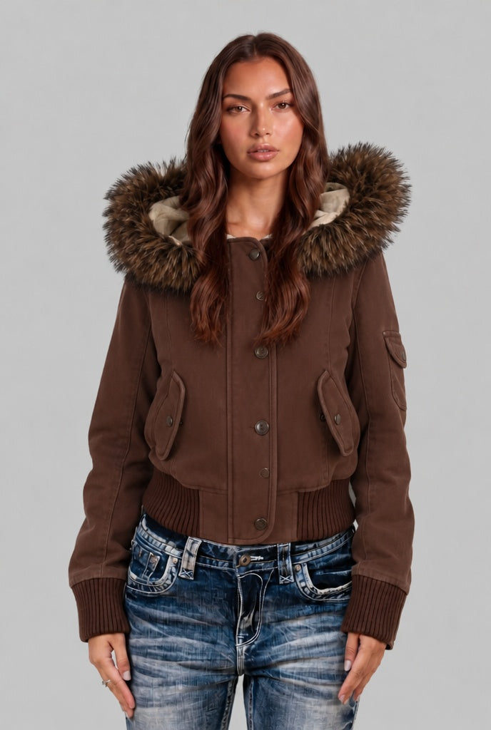 Nesta | Women's Cropped Bomber Jacket with Faux Fur Hood