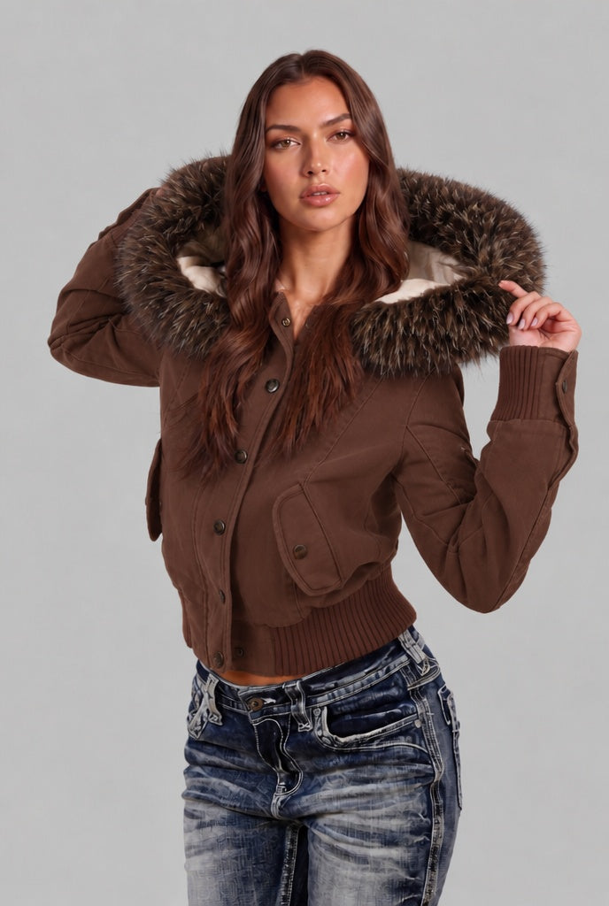 Nesta | Women's Cropped Bomber Jacket with Faux Fur Hood