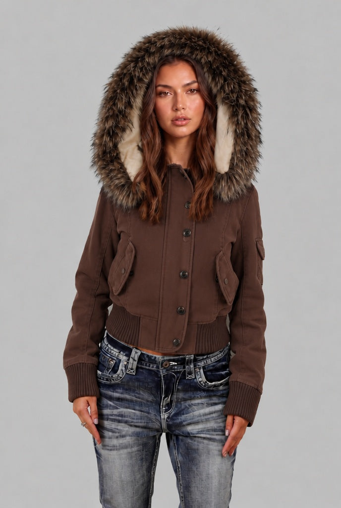 Nesta | Women's Cropped Bomber Jacket with Faux Fur Hood