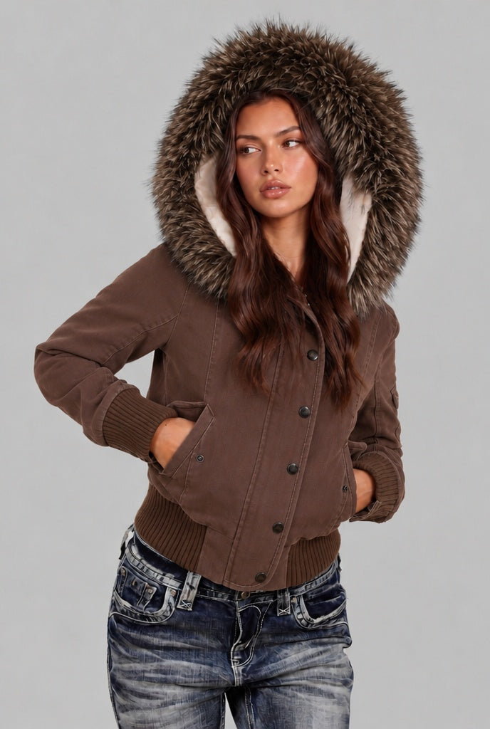Nesta | Women's Cropped Bomber Jacket with Faux Fur Hood