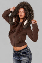 Nesta | Women's Cropped Bomber Jacket with Faux Fur Hood