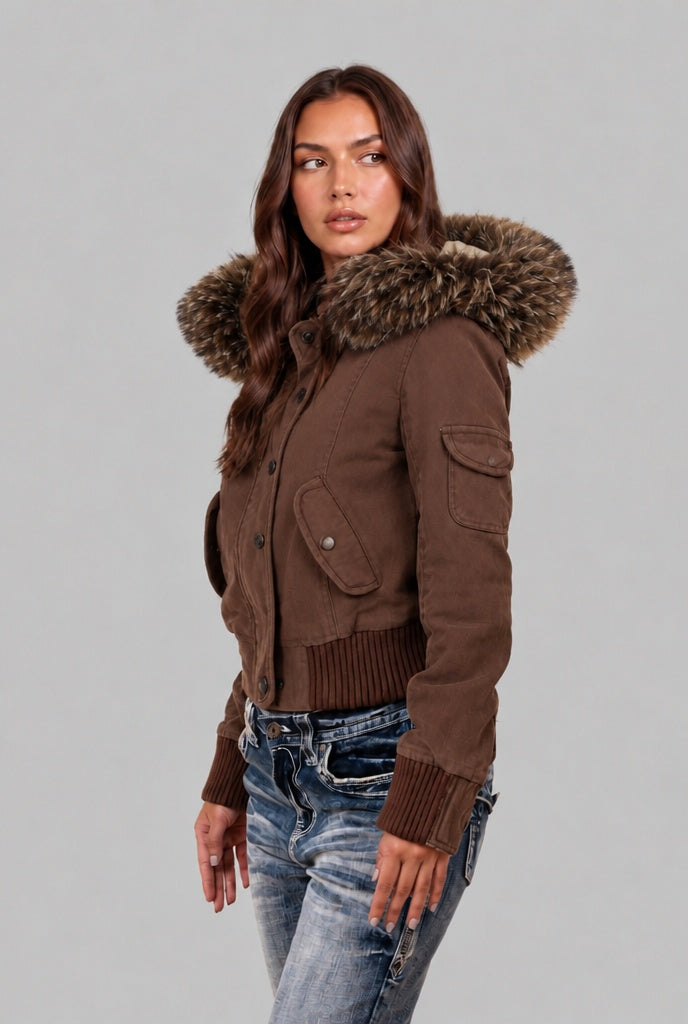 Nesta | Women's Cropped Bomber Jacket with Faux Fur Hood