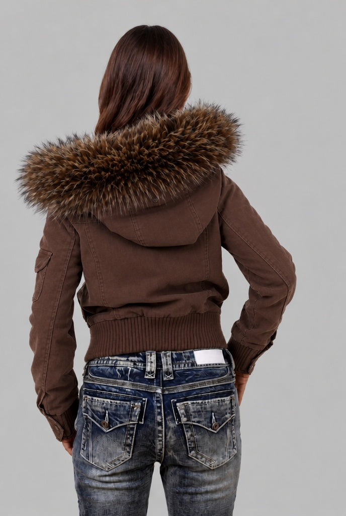 Nesta | Women's Cropped Bomber Jacket with Faux Fur Hood