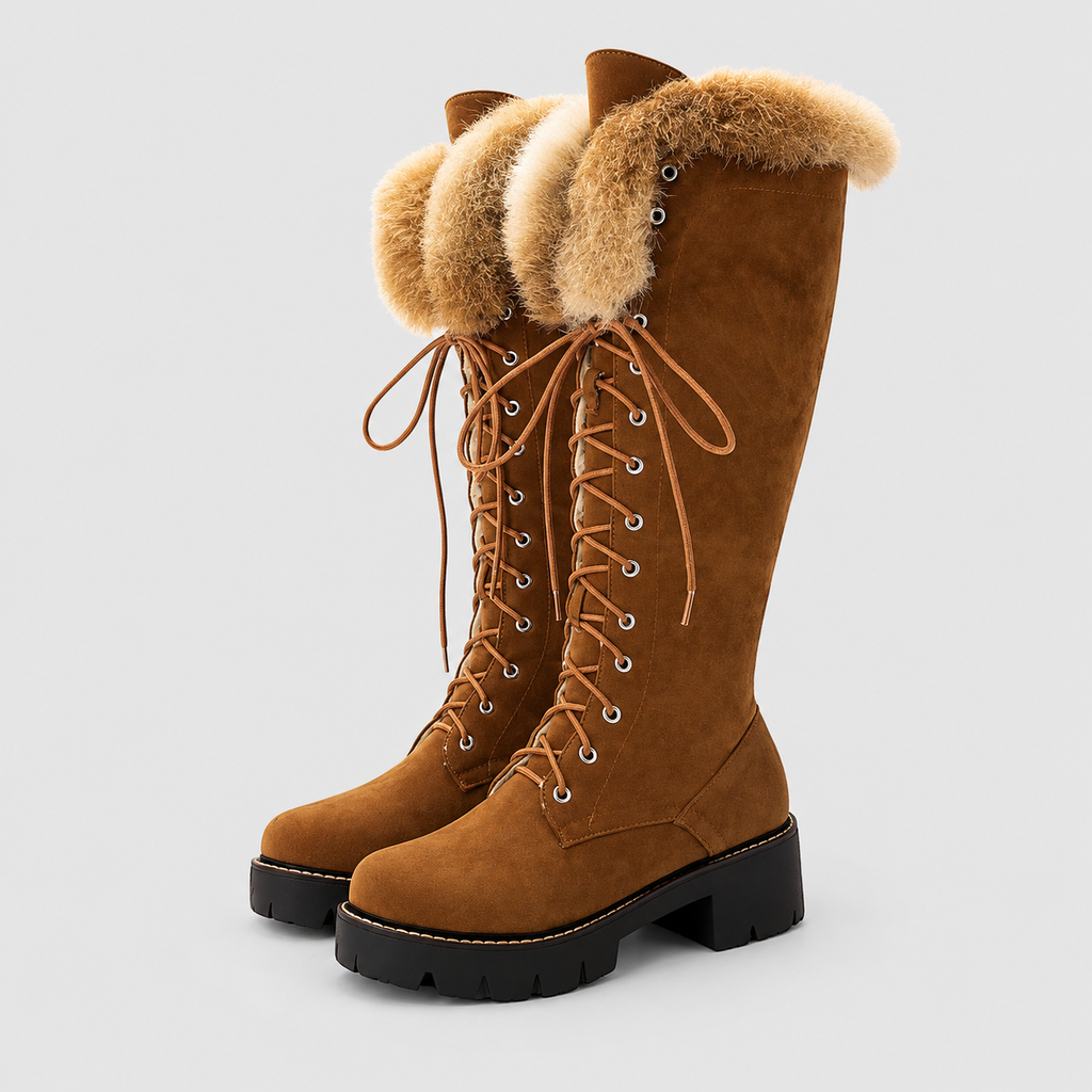 Women's Knee-High Lace-Up Boots with Plush Collar in Camel — view 1