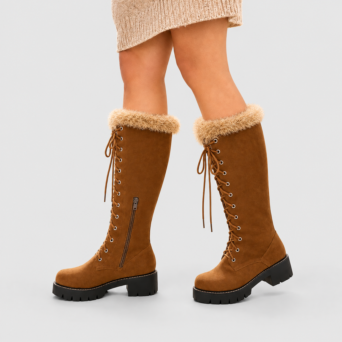 Women's Knee-High Lace-Up Boots with Plush Collar — view 2