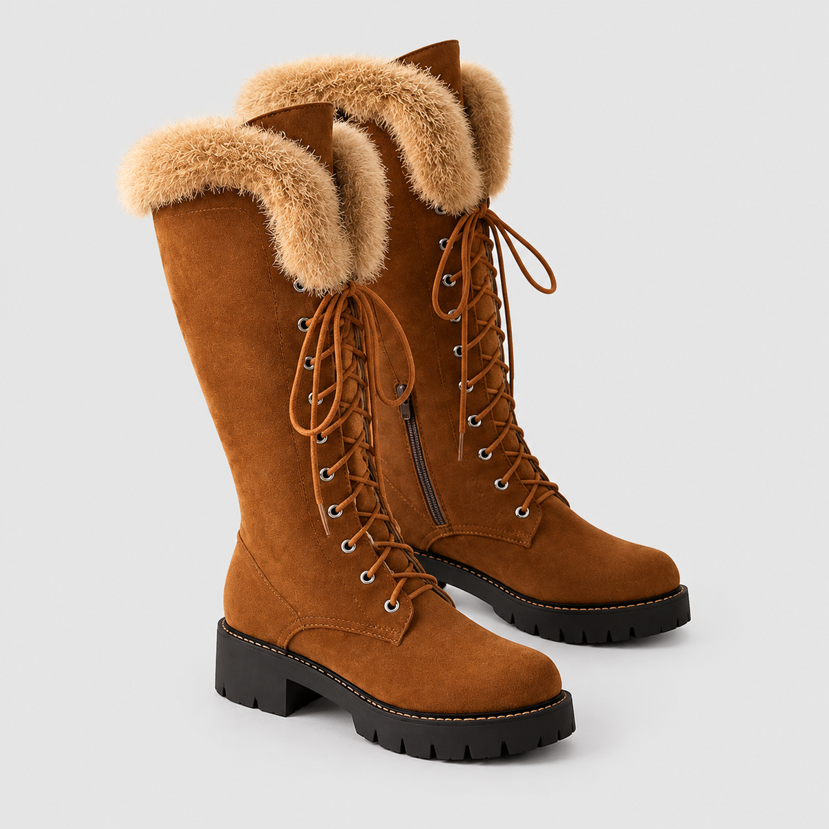 Women's Knee-High Lace-Up Boots with Plush Collar — view 4