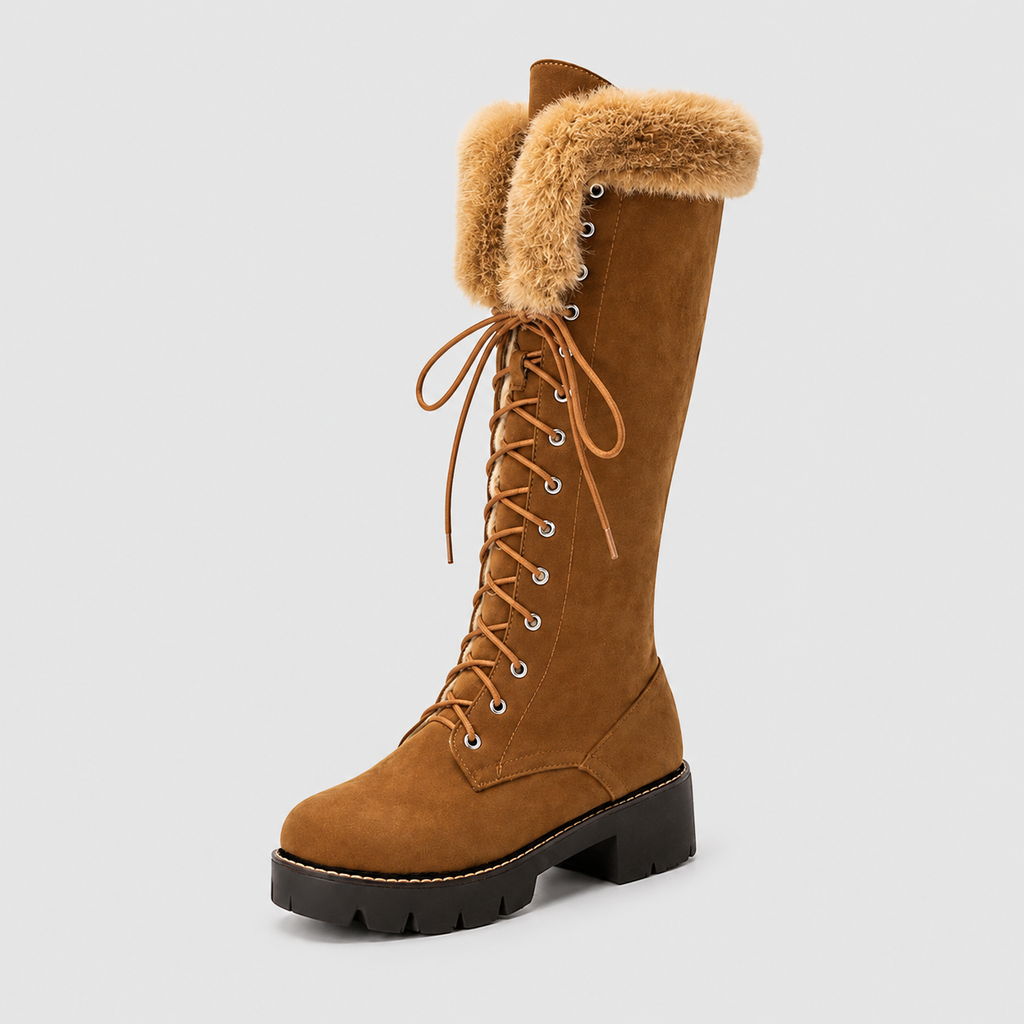 Women's Knee-High Lace-Up Boots with Plush Collar — view 5
