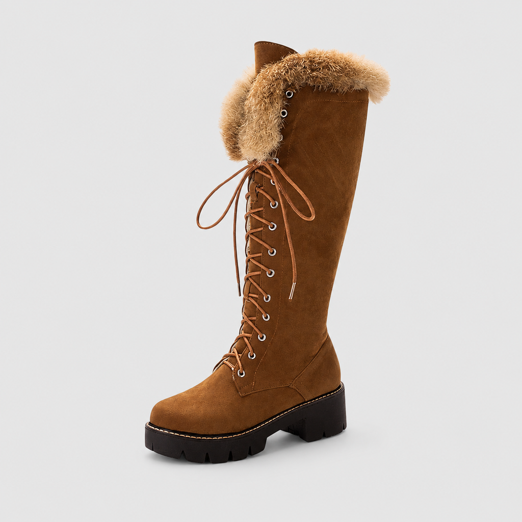 Women's Knee-High Lace-Up Boots with Plush Collar — view 6