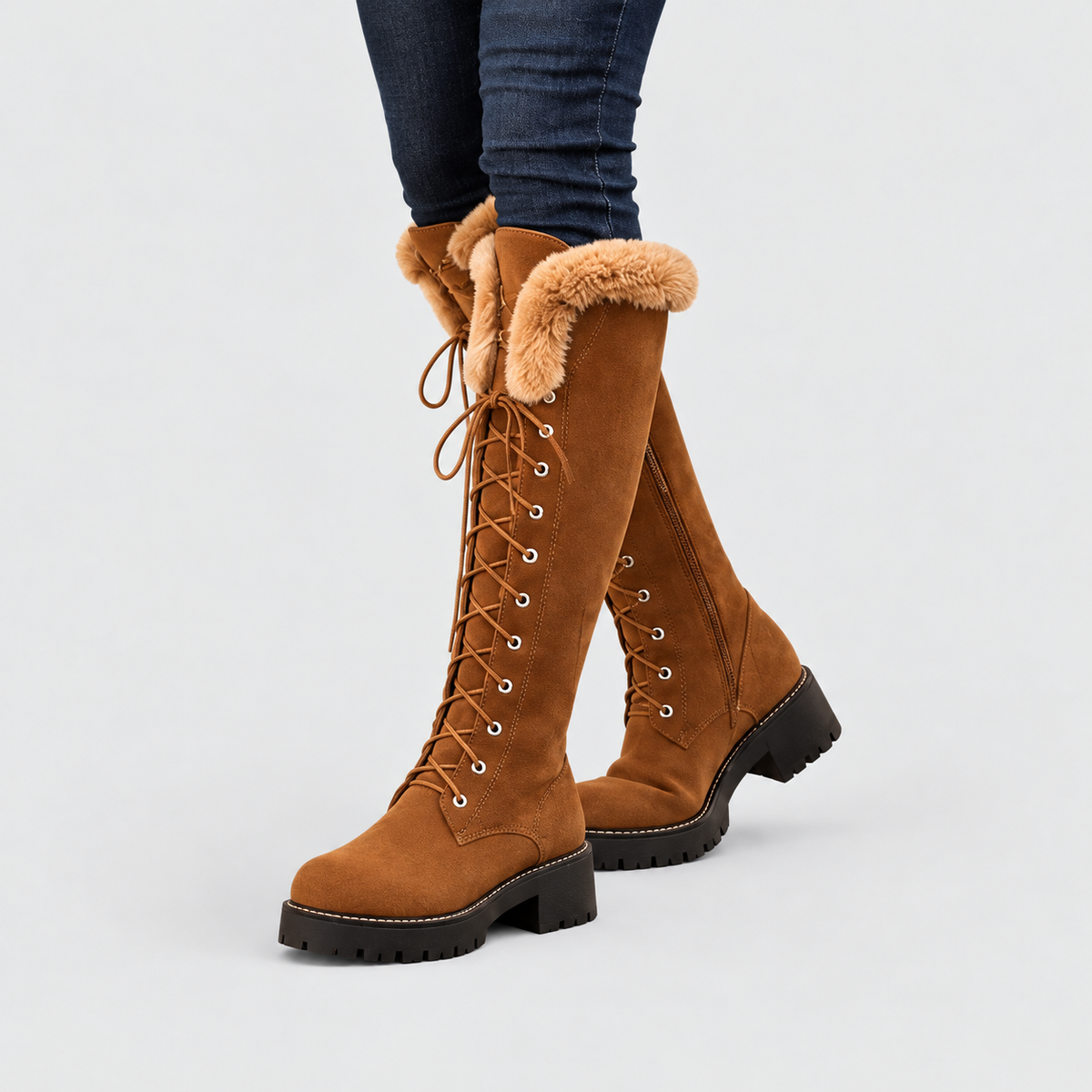 Women's Knee-High Lace-Up Boots with Plush Collar — view 7