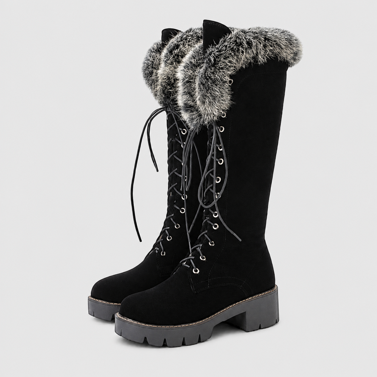 Women's Knee-High Lace-Up Boots with Plush Collar in Black — view 8