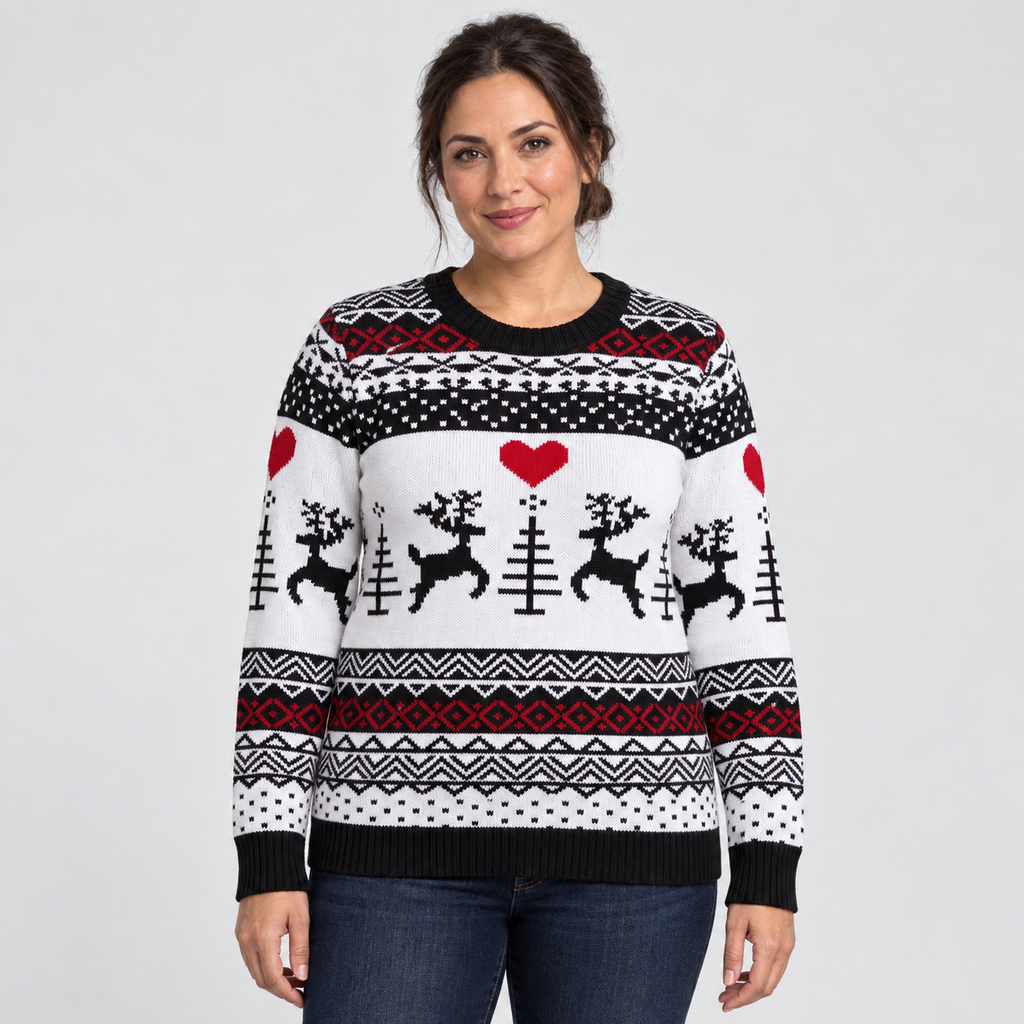 Noelle Fair Isle Christmas Jumper with Hearts and Reindeer, white, front view