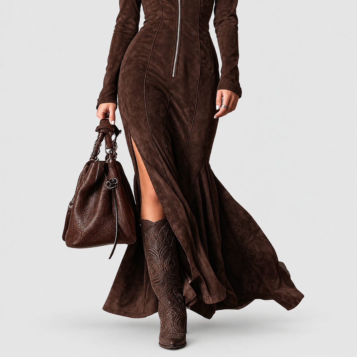 Women's Belted Suede-Look Zip Dress — view 3