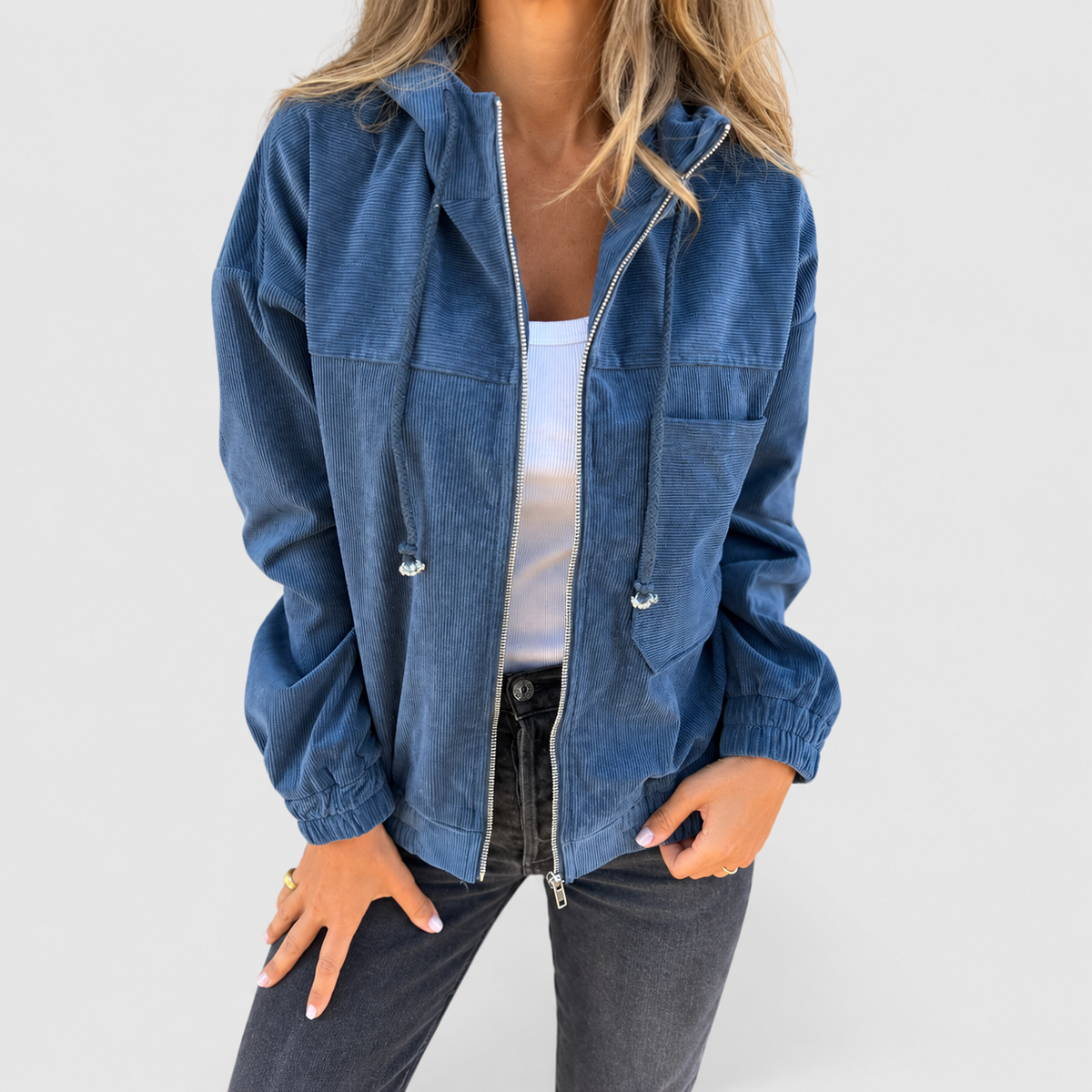 Women's Corduroy Hooded Jacket in Blue — view 4