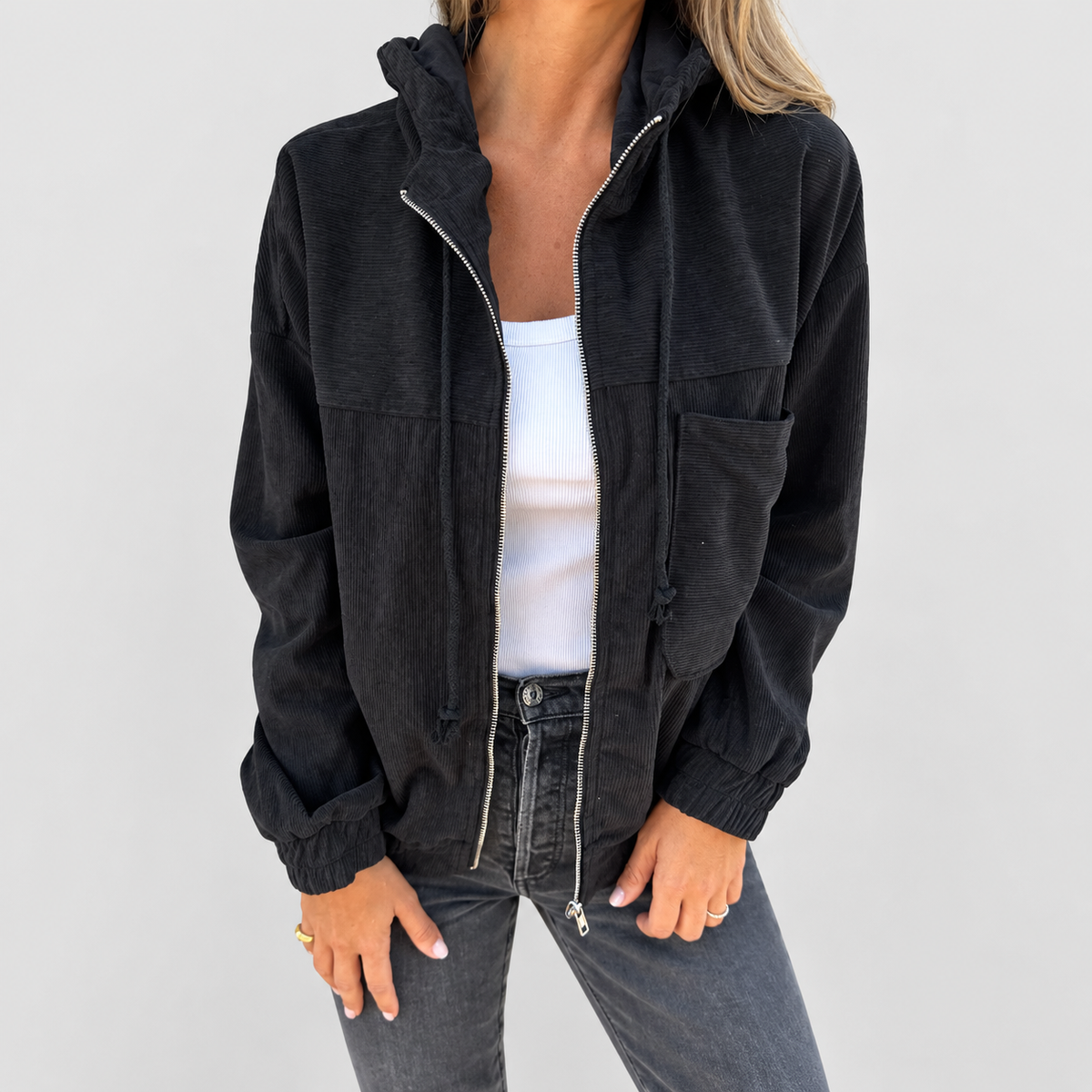 Women's Corduroy Hooded Jacket in Black — view 5