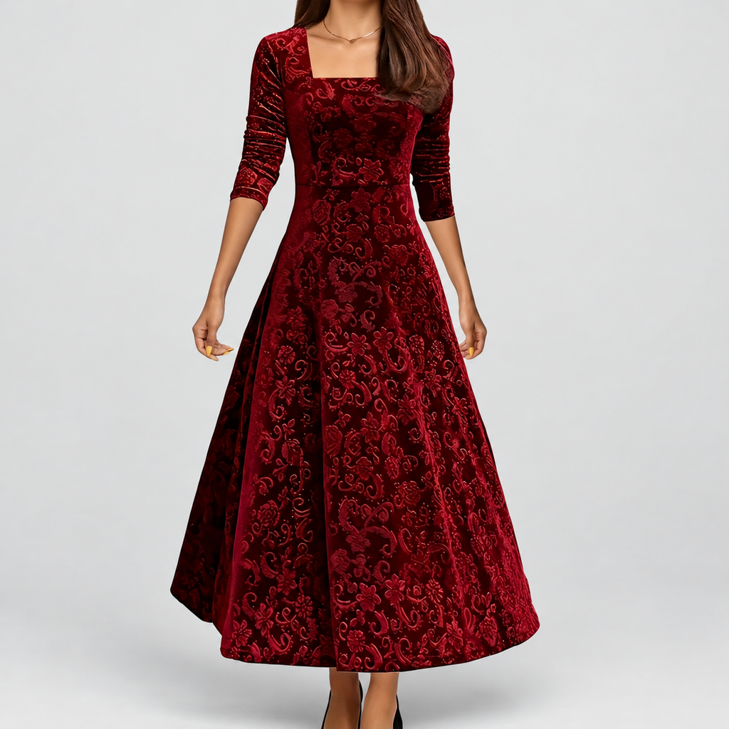 Women's Floral Velvet Midi Dress with Square Neckline in Burgundy — view 1