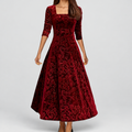 Women's Floral Velvet Midi Dress with Square Neckline in Burgundy — view 1