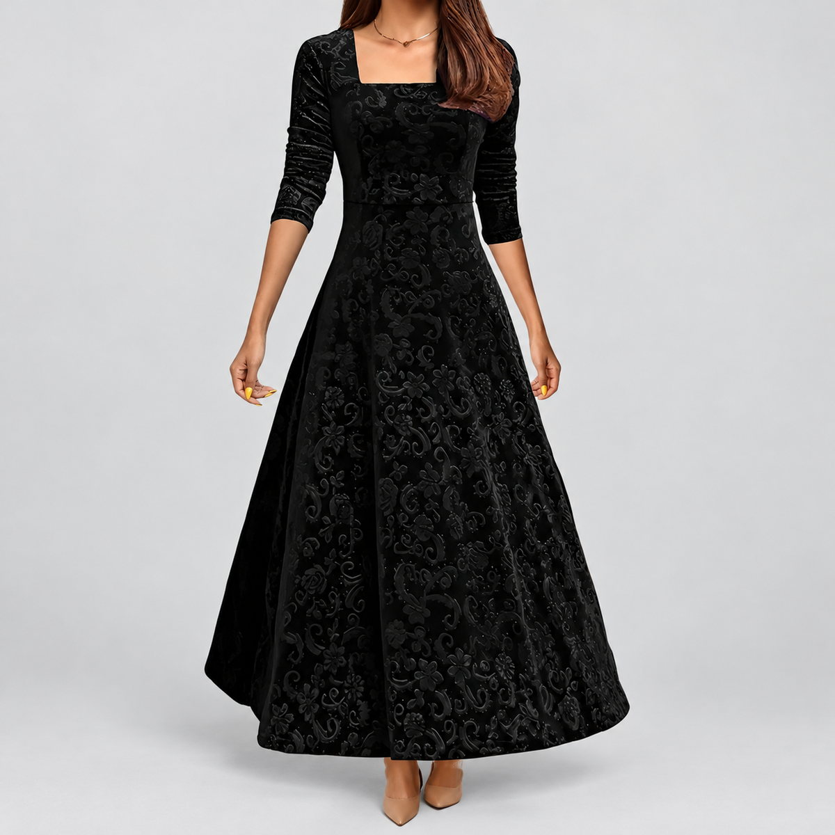 Women's Floral Velvet Midi Dress with Square Neckline in Black — view 2